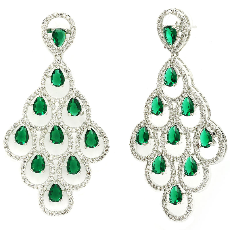 Rhodium Plated Silver Toned with Green American Diamond Dangler Earrings