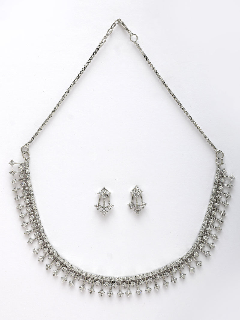 Rhodium Plated with Unique Design white AD Stones Studded Necklace Set