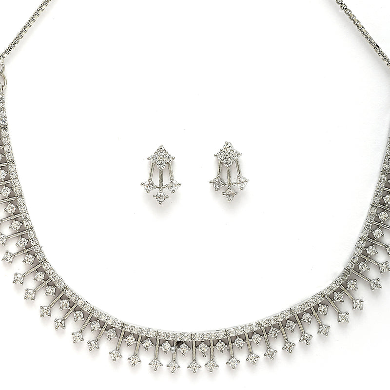 Rhodium Plated Unique Design white American Diamond Stones Studded Jewellery Set