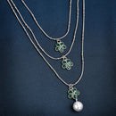 Oxidized Pearl & Green Stone Studded 3 Layered Necklace