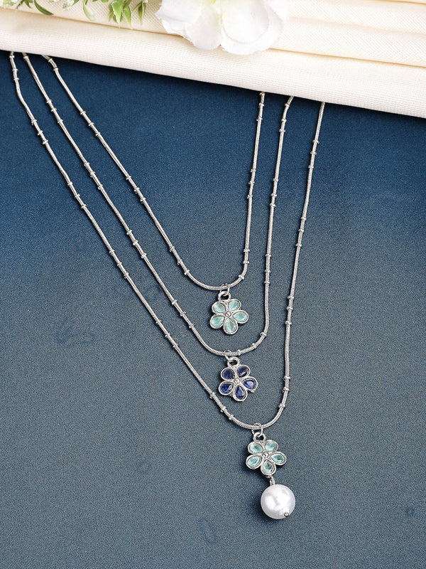 Oxidized Plated with Pearl & Sea Green Stones Studded 3 Layered Necklace Set