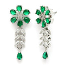 Rhodium Plated Floral Design Green & white American Diamond Stones Studded Jewellery Set
