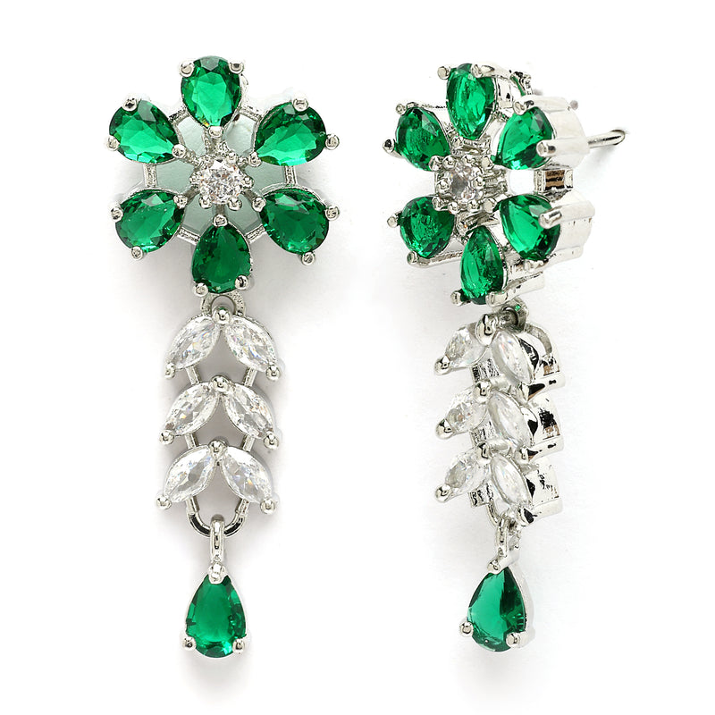 Rhodium Plated Floral Design Green & white American Diamond Stones Studded Jewellery Set