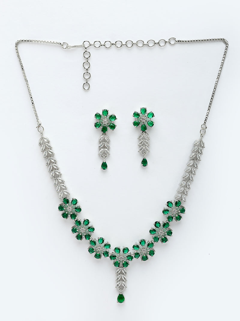 Rhodium Plated with Beautiful Floral Design Green & white AD Stones Studded Necklace Set