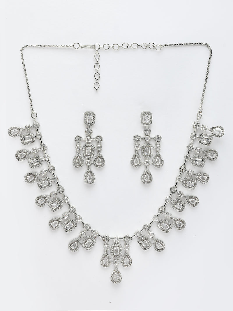 Rhodium Plated with Royal Design & White American Diamond Stones Studded Necklace Set