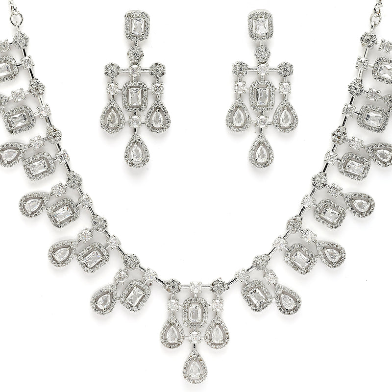 Rhodium Plated Crystal White American Diamond Stones Studded Jewellery Set