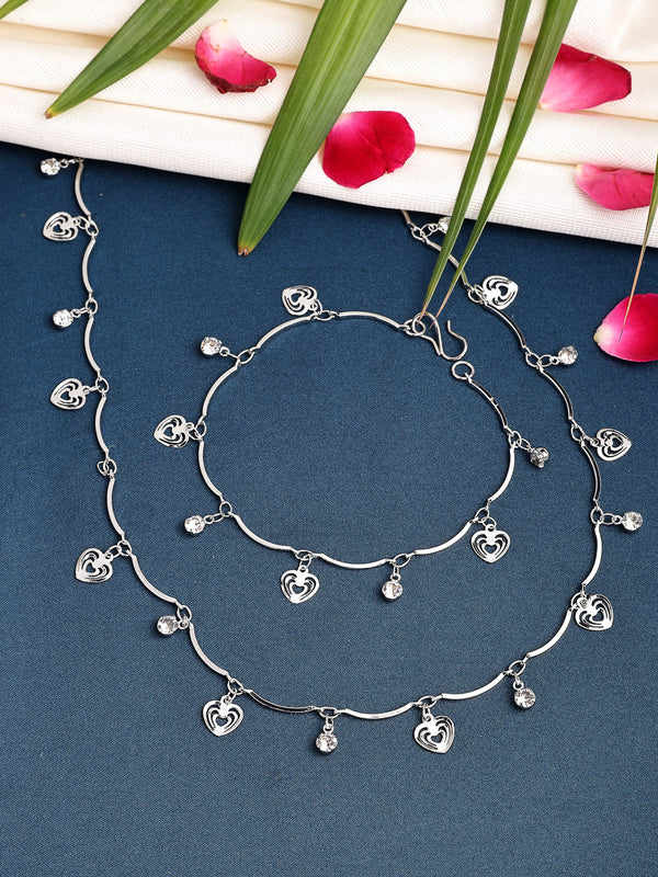 Rhodium Plated with Heart Shaped & White Cubic Zirconia Studded Necklace Set