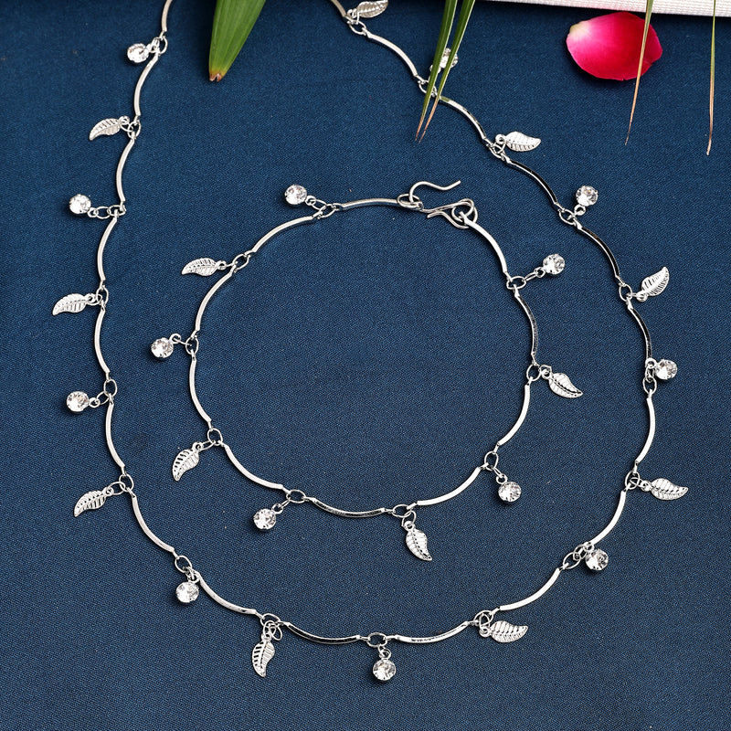 Rhodium Plated with Delicate Leaf & White Cubic Zirconia Studded Jewellery  Set