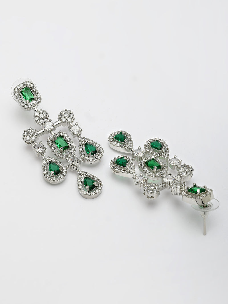 Rhodium Plated with Royal Design & Green American Diamond Stones Studded Necklace Set