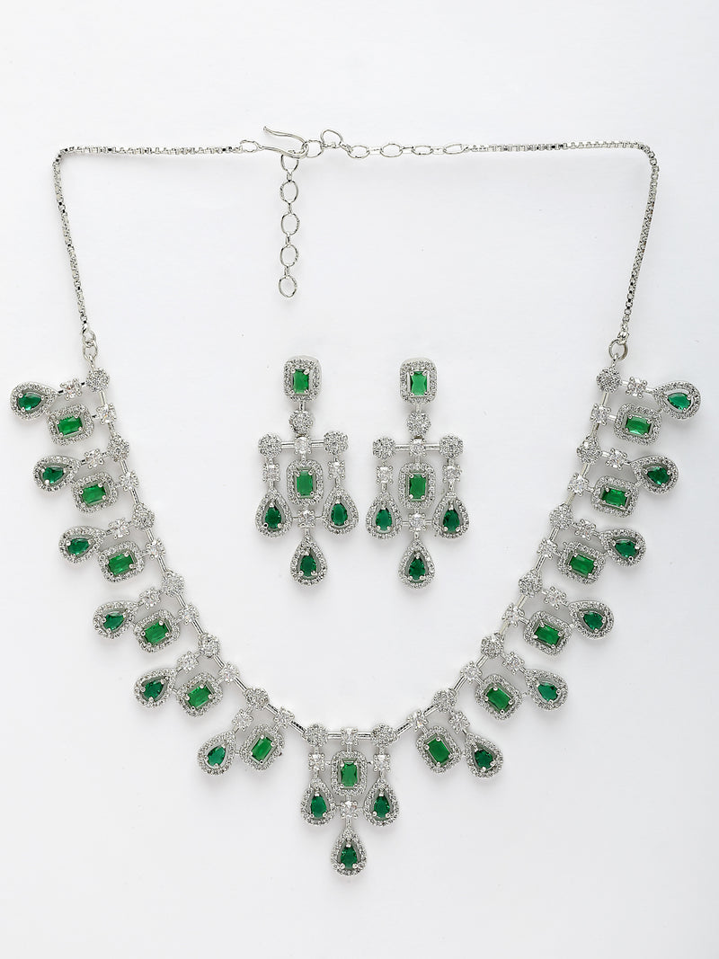 Rhodium Plated with Royal Design & Green American Diamond Stones Studded Necklace Set