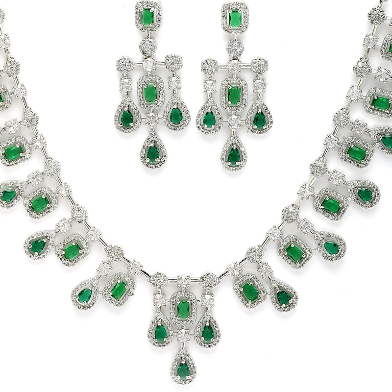 Rhodium Plated Emerald Green American Diamond Stones Studded Jewellery Set