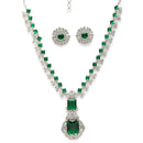 Rhodium Plated Silver Toned Square Green AD Studded Nita Ambani Necklace Set With Matching Stud Earrings Celebrity Jewellery Set