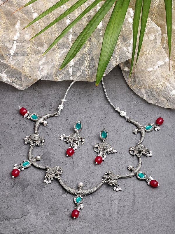 Oxidized Plated with Red & Sea Green with Pearl & Stone Studded Necklace Set