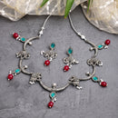 Oxidized Plated with Red & Sea Green with Pearl Stone Studded Jewellery Set