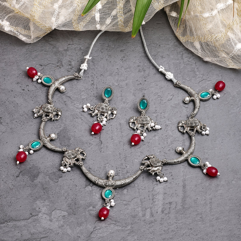 Oxidized Plated with Red & Sea Green with Pearl Stone Studded Jewellery Set