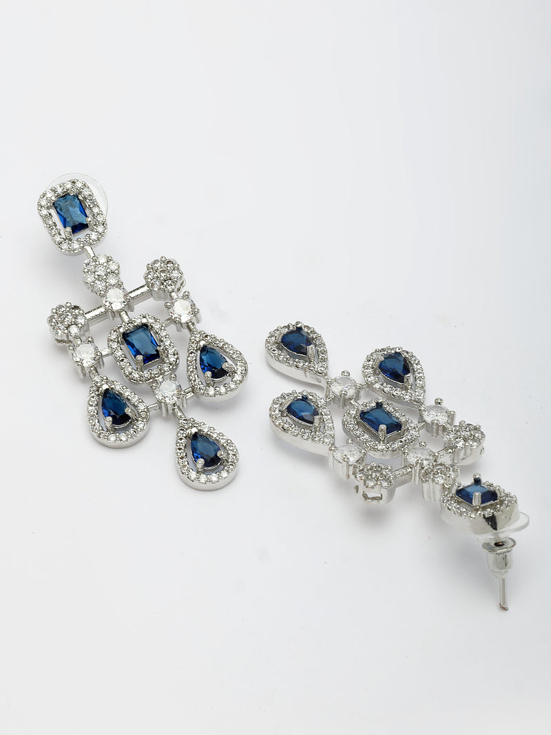 Rhodium Plated with Royal Design & Blue American Diamond Stones Studded Necklace Set