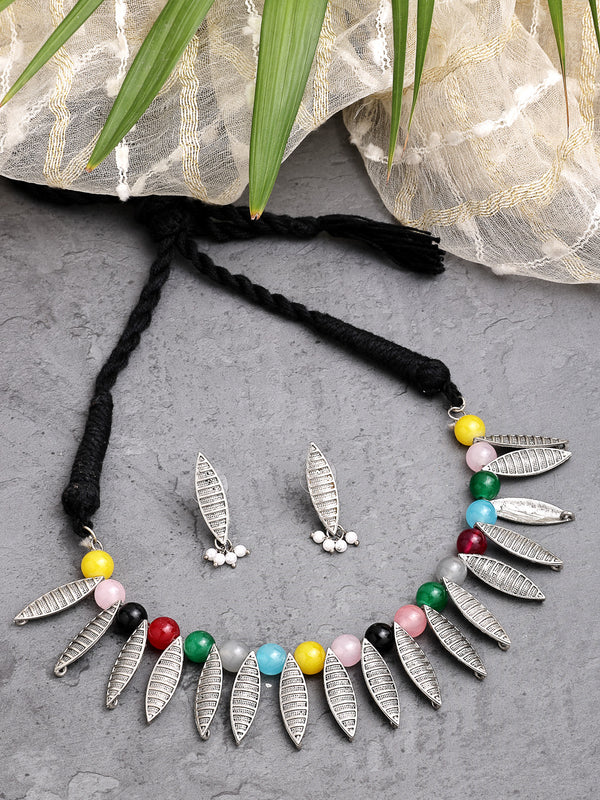 Oxidized Plated with Silver Leaf & Multicolor Pearl Studded Necklace Set