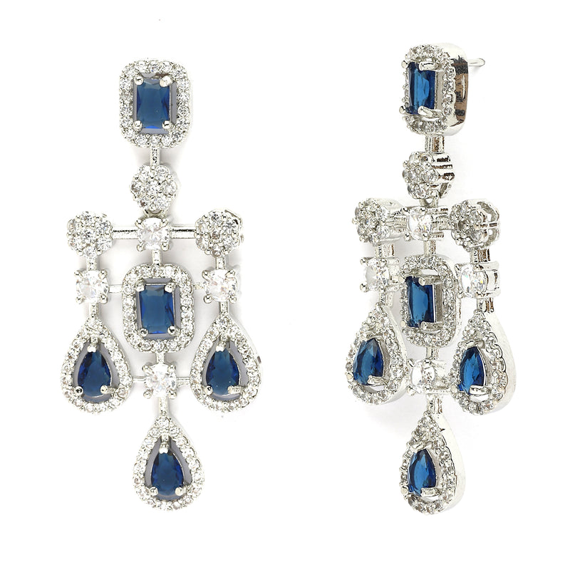 Rhodium Plated Royal Blue American Diamond Stones Studded Jewellery Set