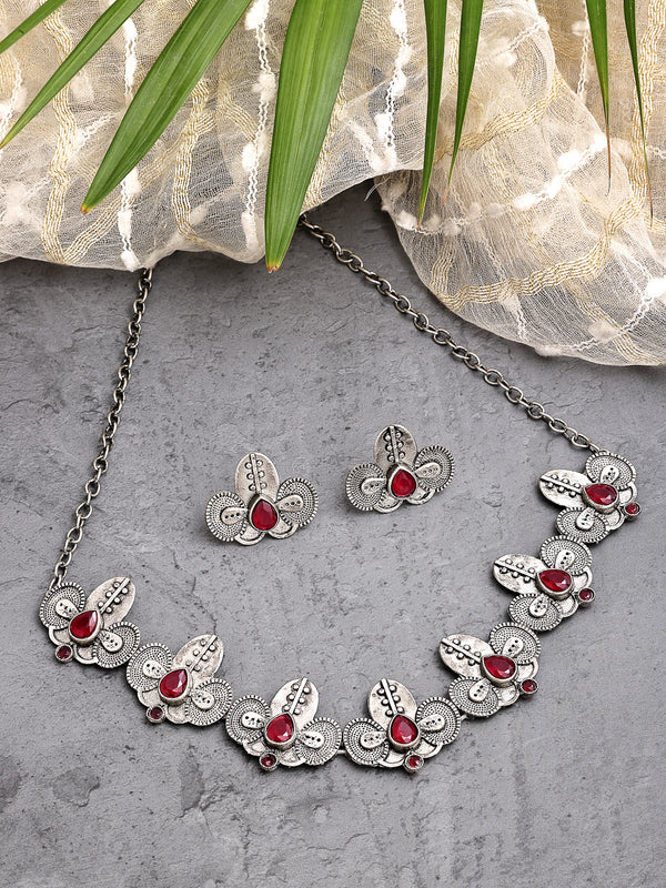 Oxidized Plated with Silver Filigree Design Red Stone Studded Necklace Set