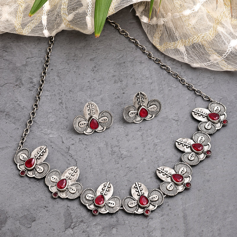 Oxidized Plated with Silver Filigree Design Red Stone Studded Jewellery Set