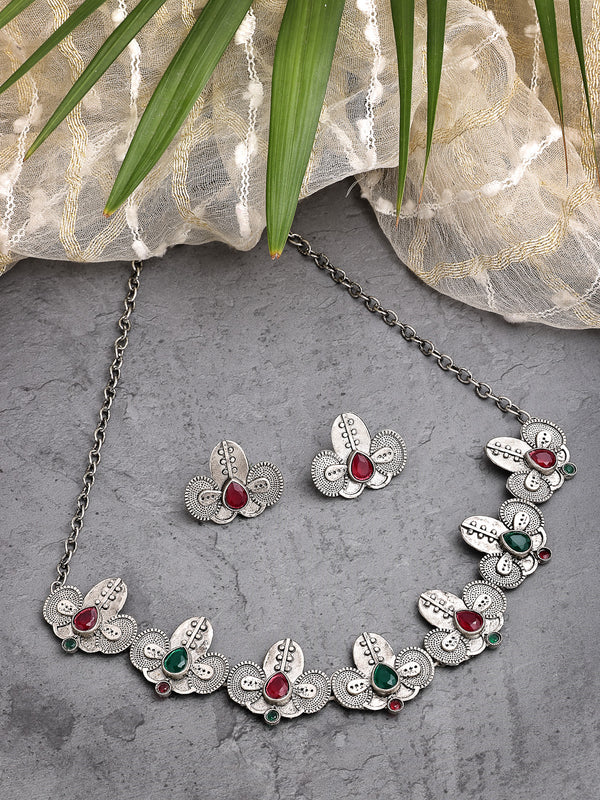 Oxidized Plated with Silver Filigree Design Red & Green Stone Studded Necklace Set