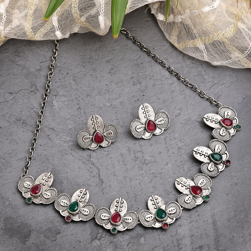 Oxidized Plated with Silver Filigree Design Red & Green Stone Studded Jewellery Set