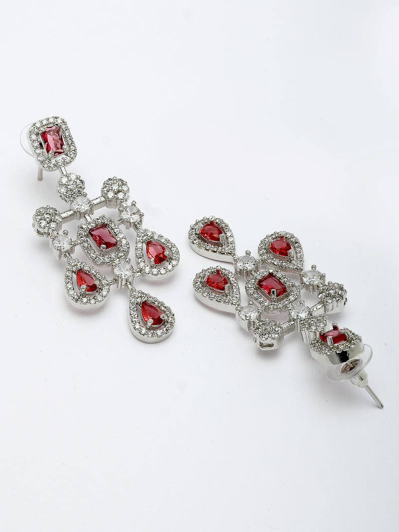 Rhodium Plated with Royal Design & Red American Diamond Stones Studded Necklace Set