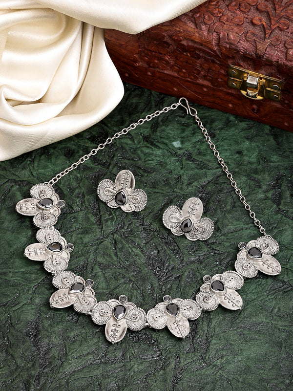 Oxidized Plated with Silver Filigree Design Black Stone Studded Necklace Set