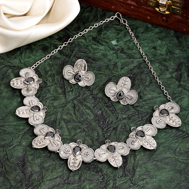 Oxidized Plated with Silver Filigree Design Black Stone Studded JewellerySet