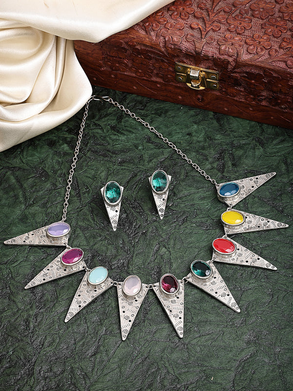 Oxidized Plated with Triangular Shaped Multicolor CZ Stone Studded Necklace Set