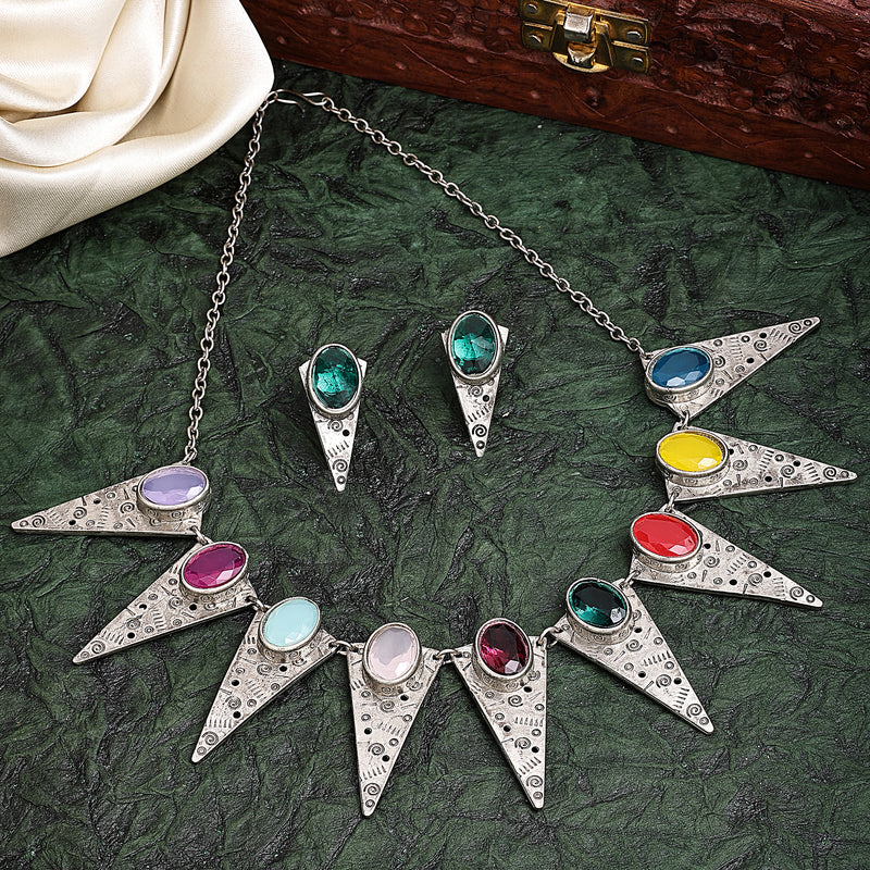 Oxidized Multicolor Cubic Zirconia Stone Studded Jewellery Set