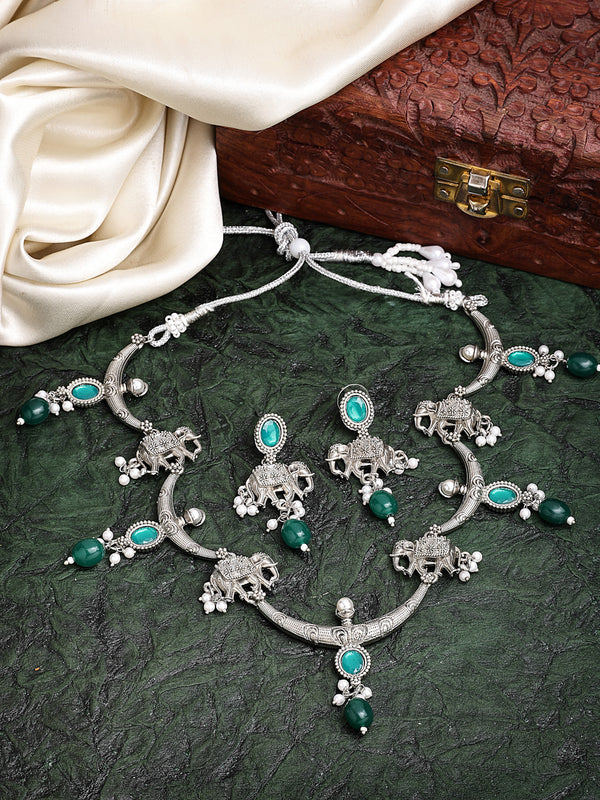 Oxidized Plated Green & Blue with Pearl & Stone Studded Necklace Set