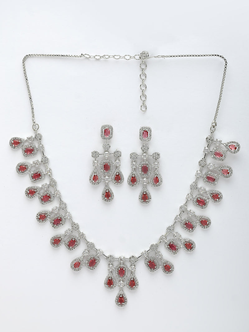 Rhodium Plated with Royal Design & Red American Diamond Stones Studded Necklace Set