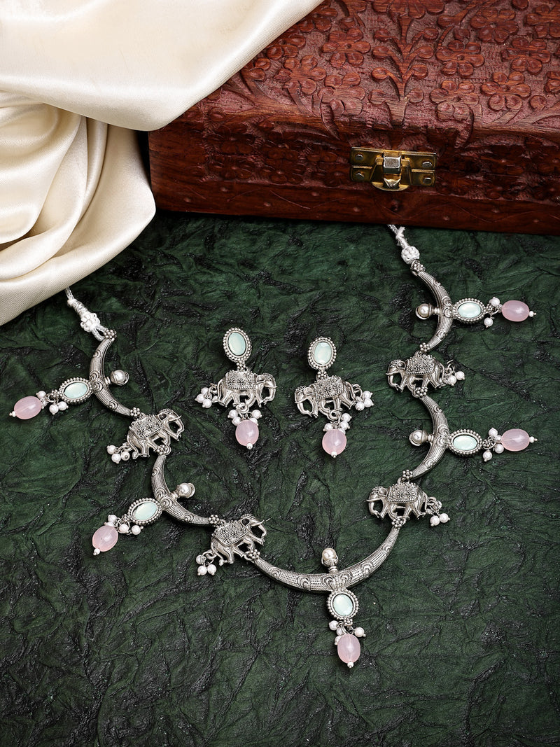 Oxidized Plated with Pink Pearl & Stone Studded Necklace Set