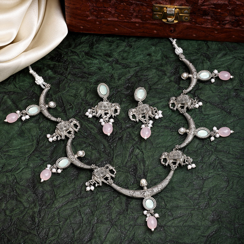 Oxidized Plated with Pink Pearl & Stone Studded Jewellery Set