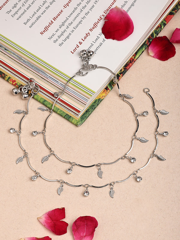 Oxidized Plated Silver Toned Anklet with White Stone & Silver Leaf Design