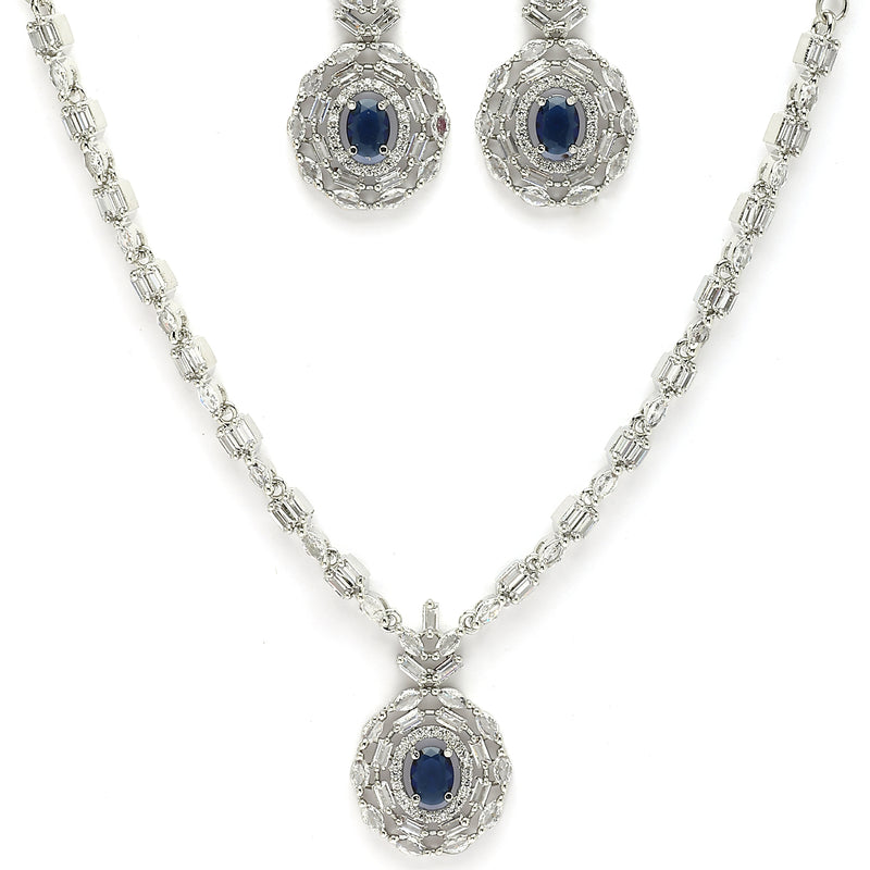 Rhodium Plated Classy Design Blue & white American Diamond Stones Studded Jewellery Set
