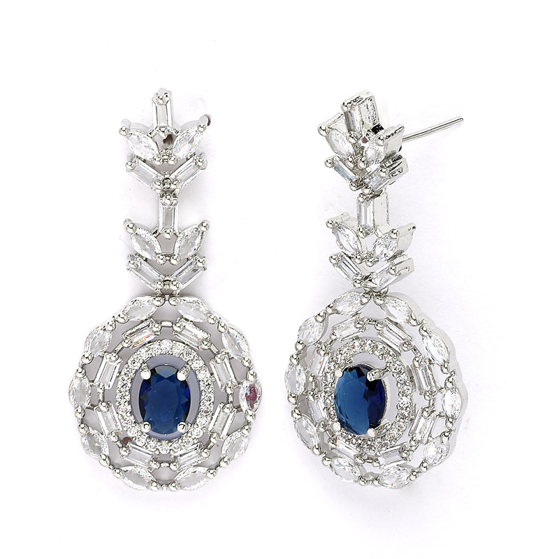 Rhodium Plated Classy Design Blue & white American Diamond Stones Studded Jewellery Set