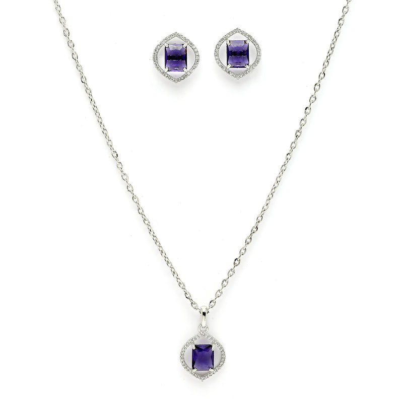 Rhodium Plated Silver Toned Violet American Diamond Studded Pendant Combo With Ring