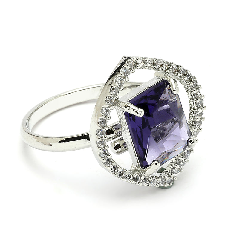 Rhodium Plated Silver Toned Violet American Diamond Studded Pendant Combo With Ring