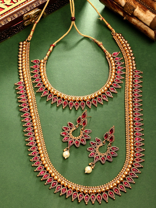 Gold Plated with Priyaasi Floral Kemp Design & Red Stone Studded Necklace Set