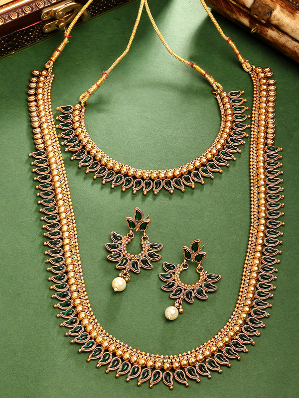 Gold Plated with Priyaasi Floral Kemp Design & Green Stone Studded Necklace Set