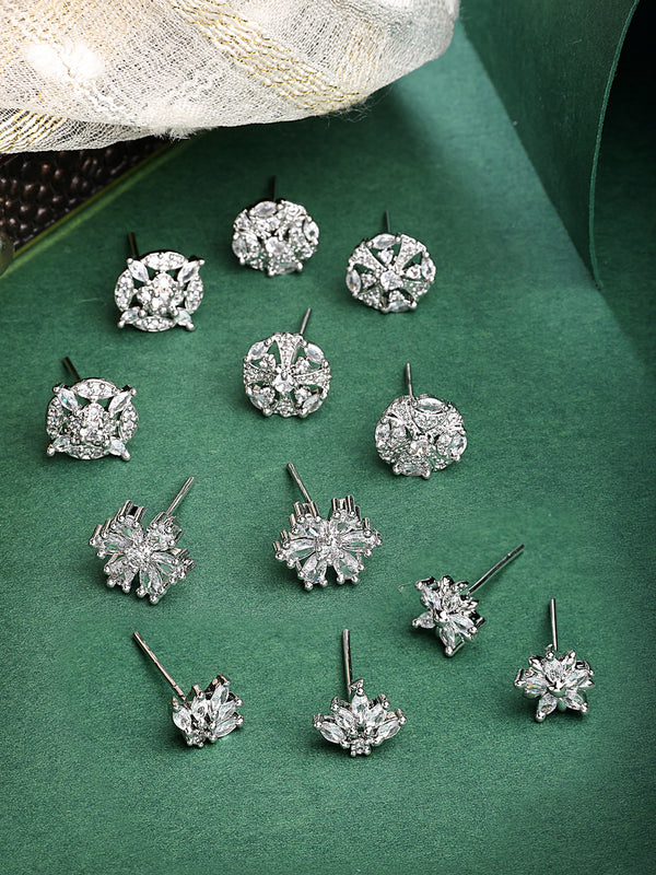 Rhodium Plated Combo Set of 6 Unique Earrings with White American Diamond Studded