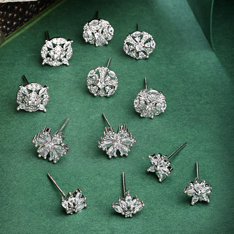 Rhodium Plated Combo Set of 6 Unique Earrings with White American Diamond Studded