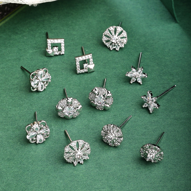 Rhodium Plated with White American Diamonds Studded Combo Set of 6 Stud Earrings