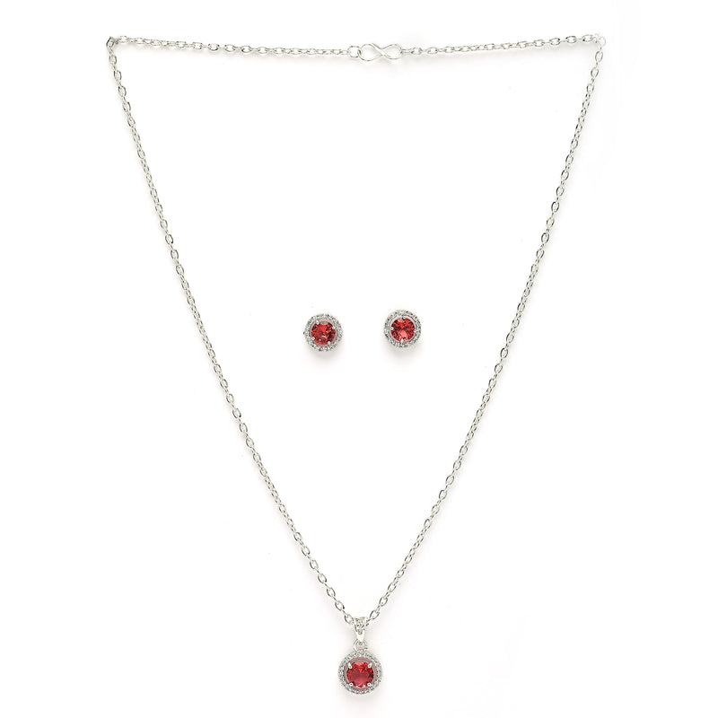 Rhodium Plated with Round Red American Diamond Studded Pendant Set