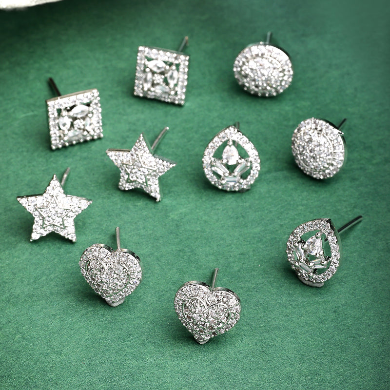 Rhodium Plated Earring Collection of 5 Unique Designs with White American Diamonds