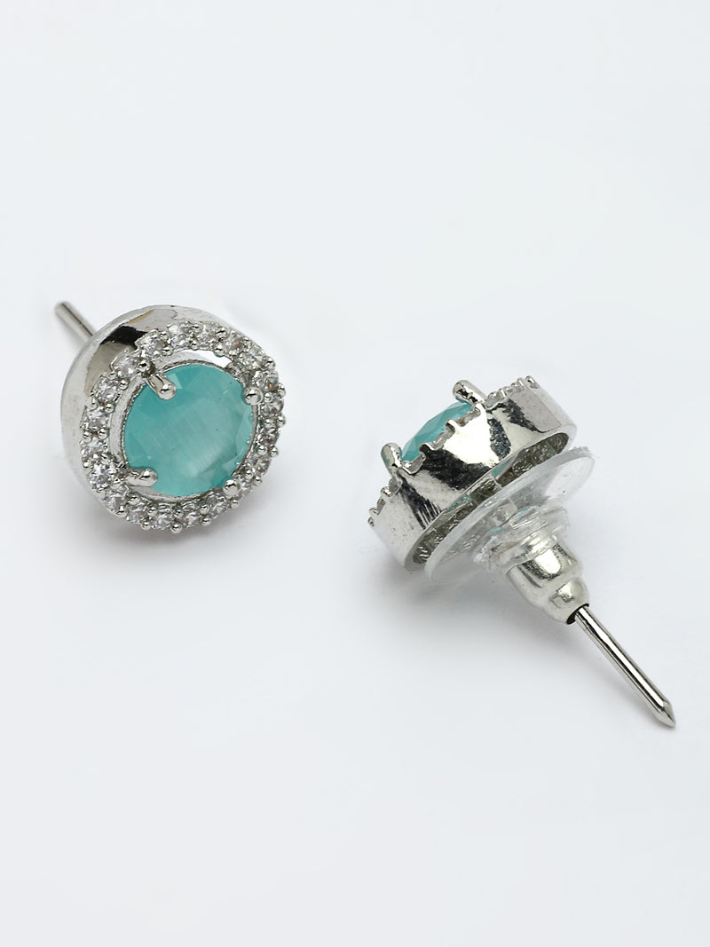 Rhodium Plated with Round Sea Green American Diamond Studded Pendant Set