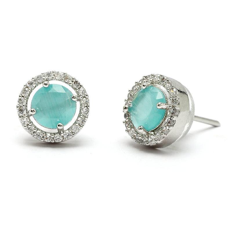 Rhodium Plated with Round Sea Green American Diamond Studded Pendant Set