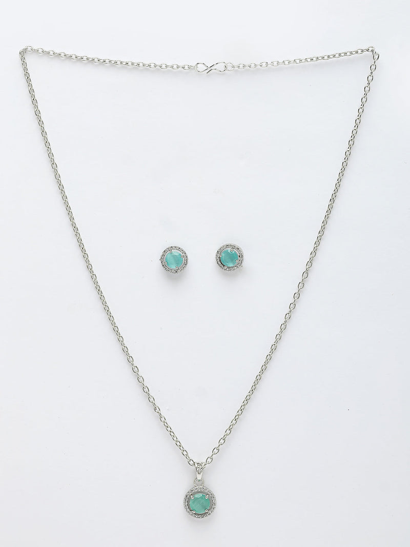 Rhodium Plated with Round Sea Green American Diamond Studded Pendant Set